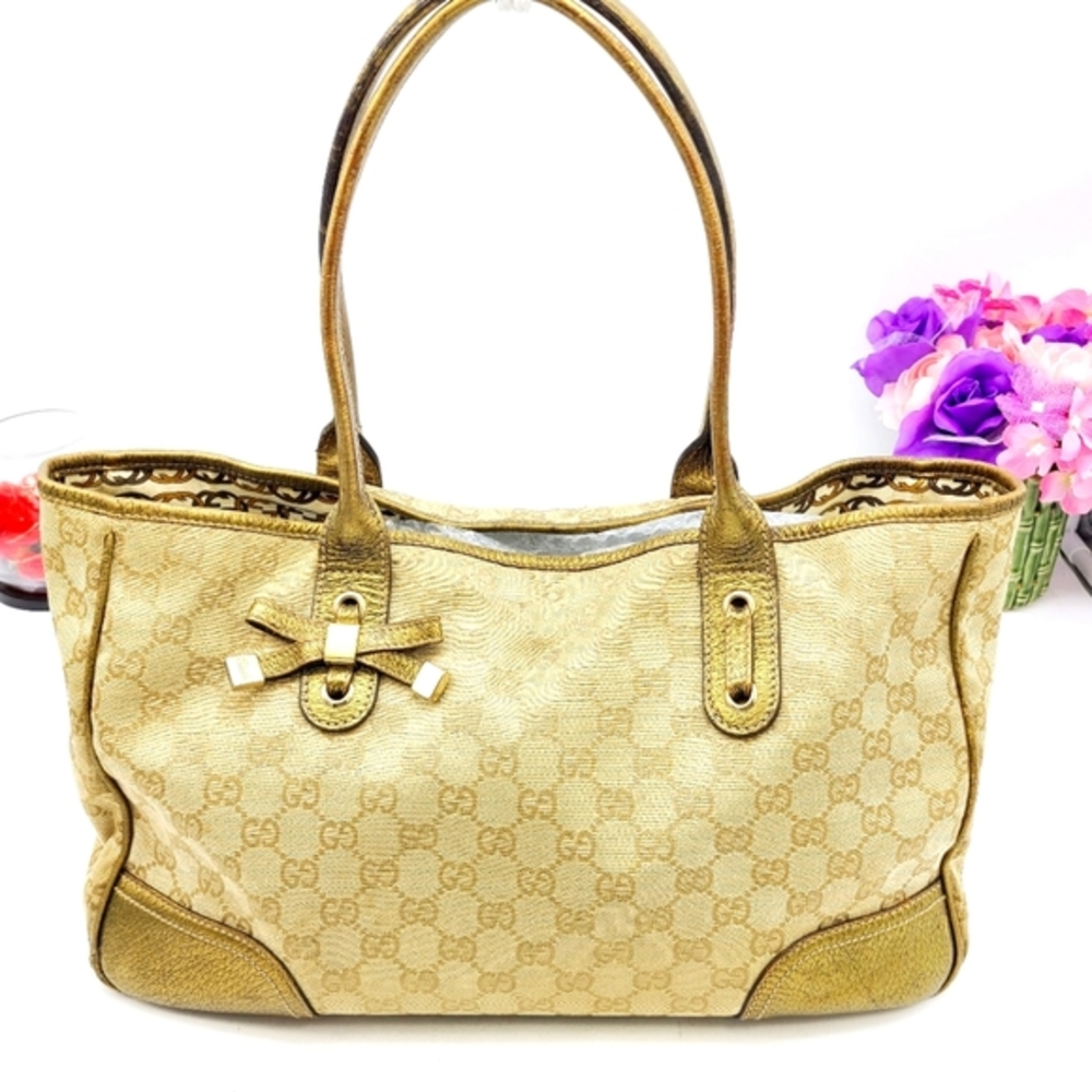 Gucci Beige Monogram Canvas Shoulder Bag with Gold Leather Trim